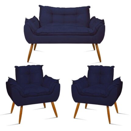 Kit Namoradeira Opala + 2 Poltronas Para Sala Balaqui Decor Cor azul Marinho