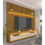 Rack com Painel Requinte Retrô 2.2 Ripado 3D com Led Requinte Naturale com Off White – Gelius Móveis