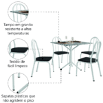 Conjunto Sala De Jantar Mesa Thais Com 4 Cadeiras Diva 0,70m Granito Branco/Preto Artefamol - Imagem 2