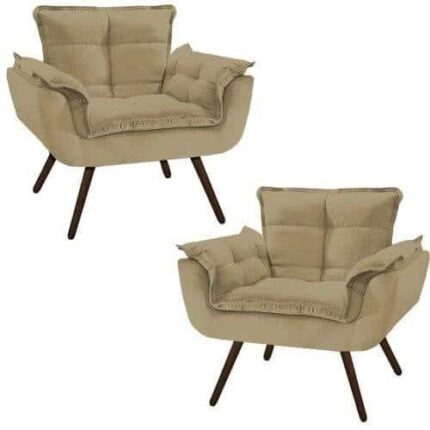 Kit 02 Poltronas Opalas Decorativas para Sala e Quarto Pés Palito Suede Capuccino – V&G Decor
